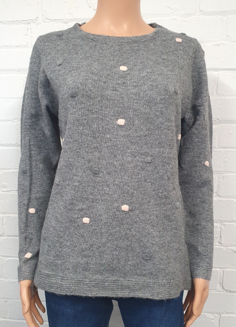 Claudia C Grey Pom Pom Spot Round Neck Jumper